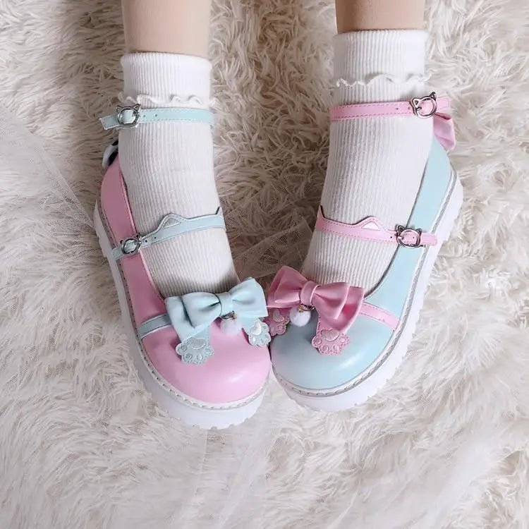 Pastel Sweet Lolita Shoes with Cute Embroidered Paw Prints - Cosparty