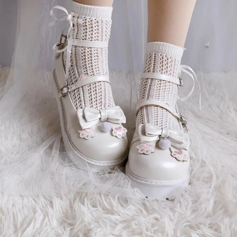 Pastel Sweet Lolita Shoes with Cute Embroidered Paw Prints - Cosparty