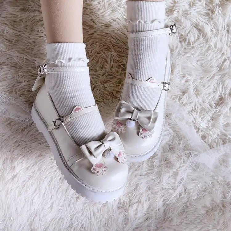 Pastel Sweet Lolita Shoes with Cute Embroidered Paw Prints - shoes