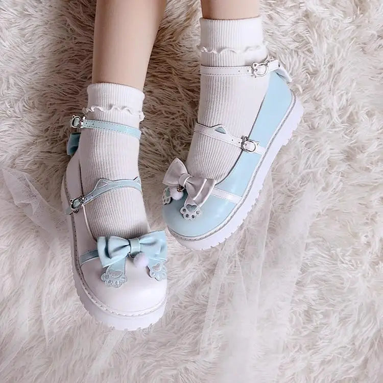 Pastel Sweet Lolita Shoes with Cute Embroidered Paw Prints - shoes