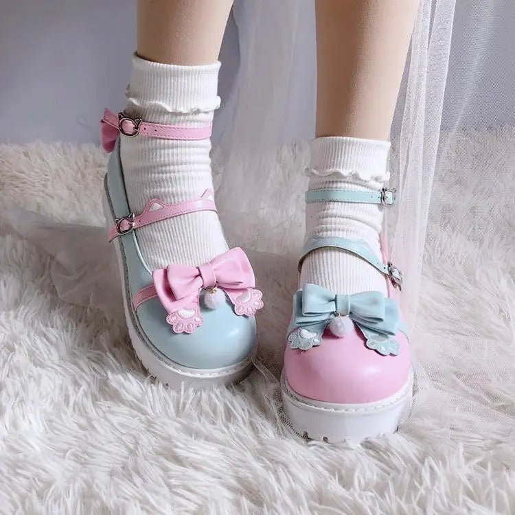 Pastel Sweet Lolita Shoes with Cute Embroidered Paw Prints - Cosparty