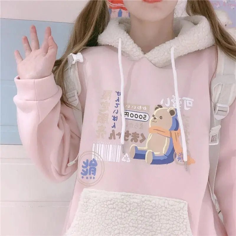 Pastel Teddy Bear Fleece Pullover Hoodie - Cosparty