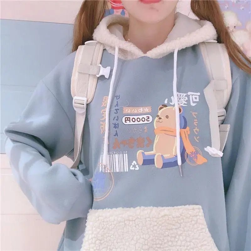 Pastel Teddy Bear Fleece Pullover Hoodie - Cosparty