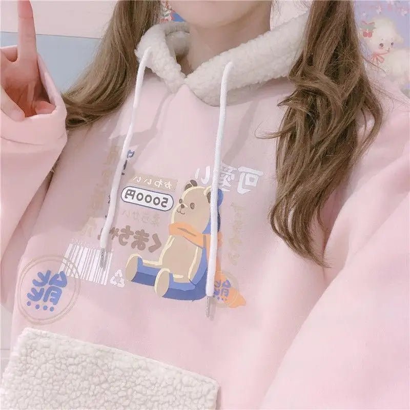 Pastel Teddy Bear Fleece Pullover Hoodie - Cosparty