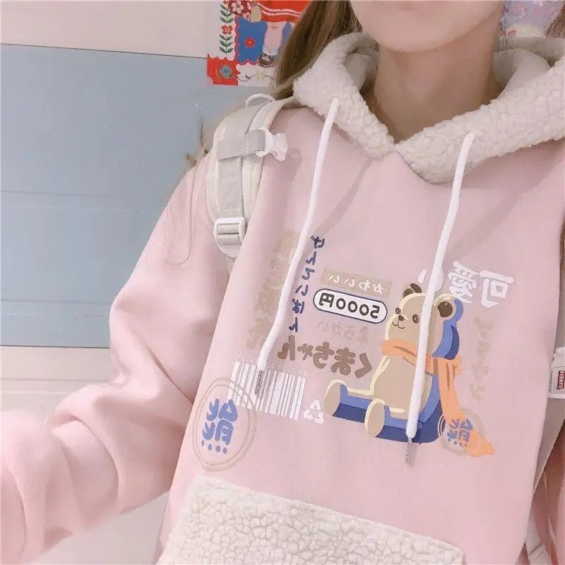Pastel Teddy Bear Fleece Pullover Hoodie - Cosparty
