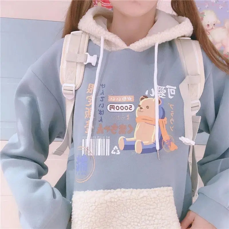 Pastel Teddy Bear Fleece Pullover Hoodie - hoodie