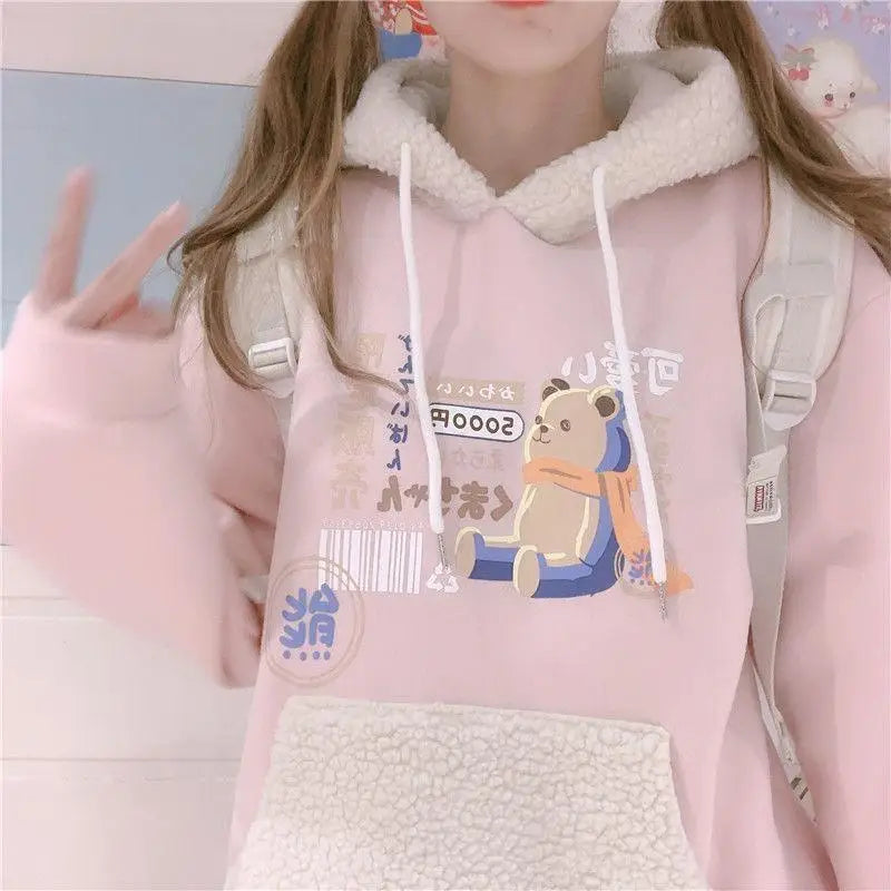 Pastel Teddy Bear Fleece Pullover Hoodie - hoodie