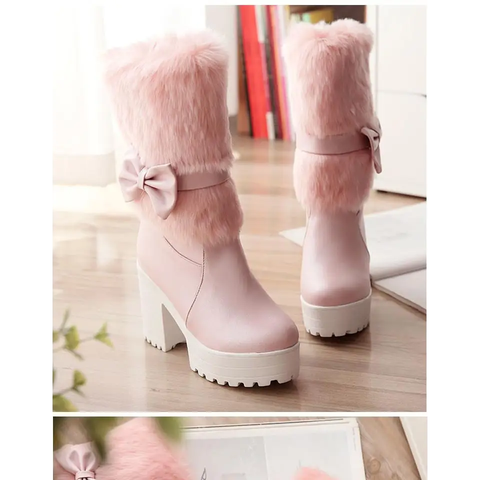 Pastel Vegan Fur Boots with Chunky Block Heel - Shoes