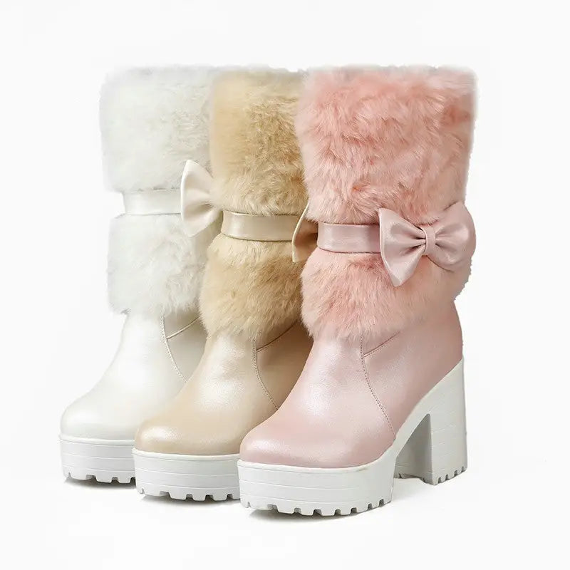 Pastel Vegan Fur Boots with Chunky Block Heel - Shoes