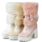 Pastel Vegan Fur Boots with Chunky Block Heel - Shoes