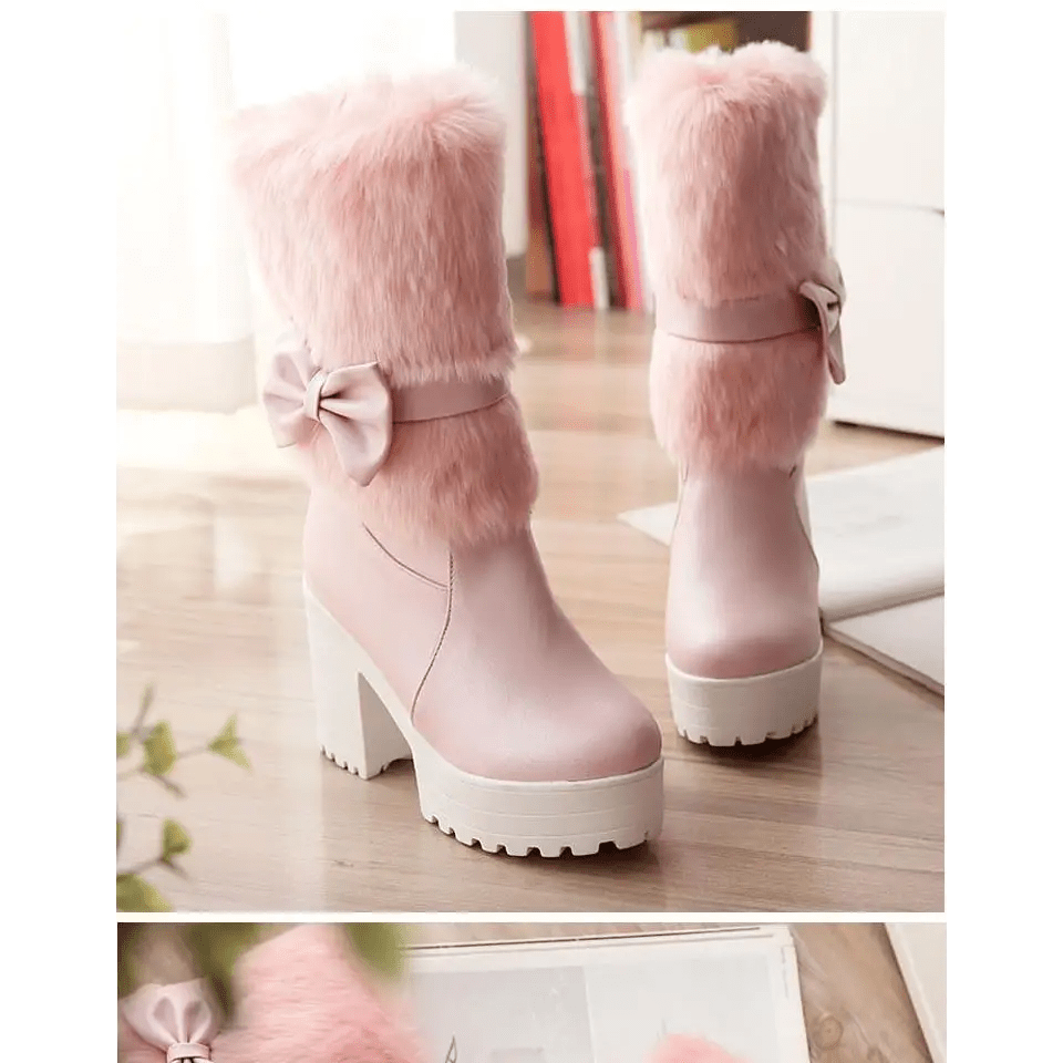 Pastel Vegan Fur Boots with Chunky Block Heel - Cosparty