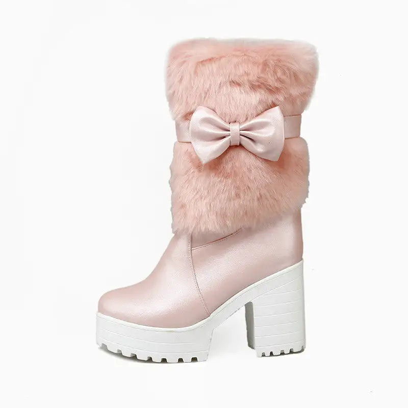 Pastel Vegan Fur Boots with Chunky Block Heel - Shoes