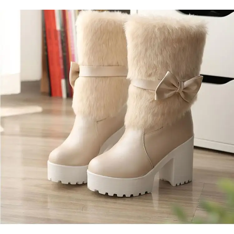 Pastel Vegan Fur Boots with Chunky Block Heel - Shoes