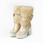 Pastel Vegan Fur Boots with Chunky Block Heel - Beige / 4 - Shoes