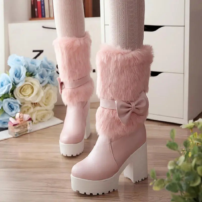 Pastel Vegan Fur Boots with Chunky Block Heel - Shoes