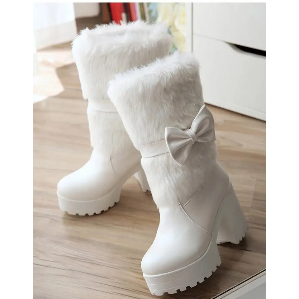 Pastel Vegan Fur Boots with Chunky Block Heel - Shoes