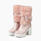 Pastel Vegan Fur Boots with Chunky Block Heel - Pink / 4 - Shoes