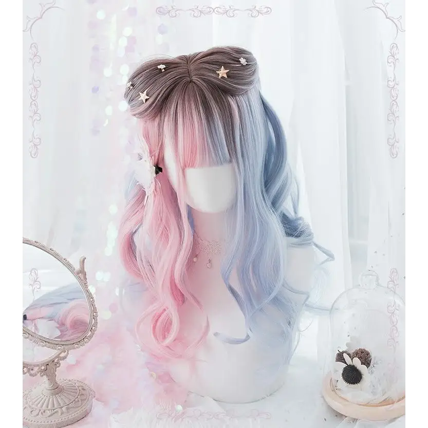 Pastel Wavy Long Hair Pink Ombre Wig with Sweet Fringe - wig