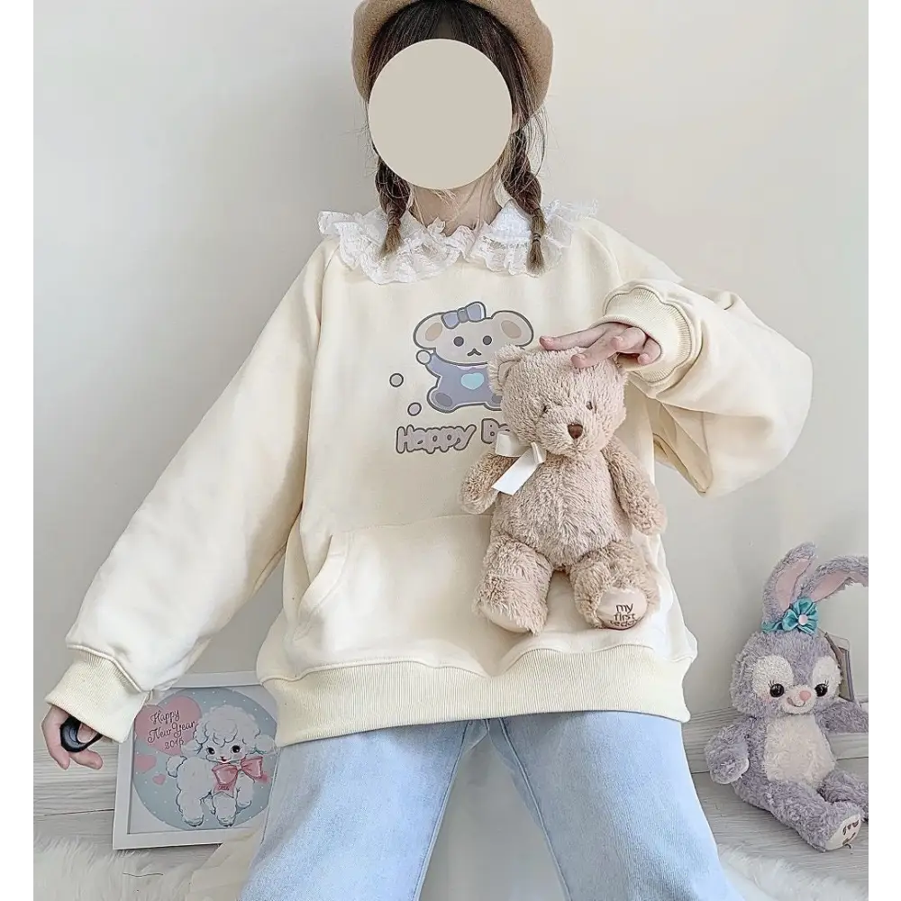 Pastel Yellow Bear Hoodie with Cozy Pouch and Cute Details - sweater