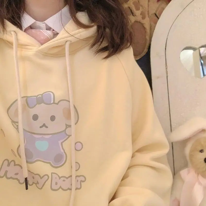 Pastel Yellow Bear Hoodie with Cozy Pouch and Cute Details - sweater