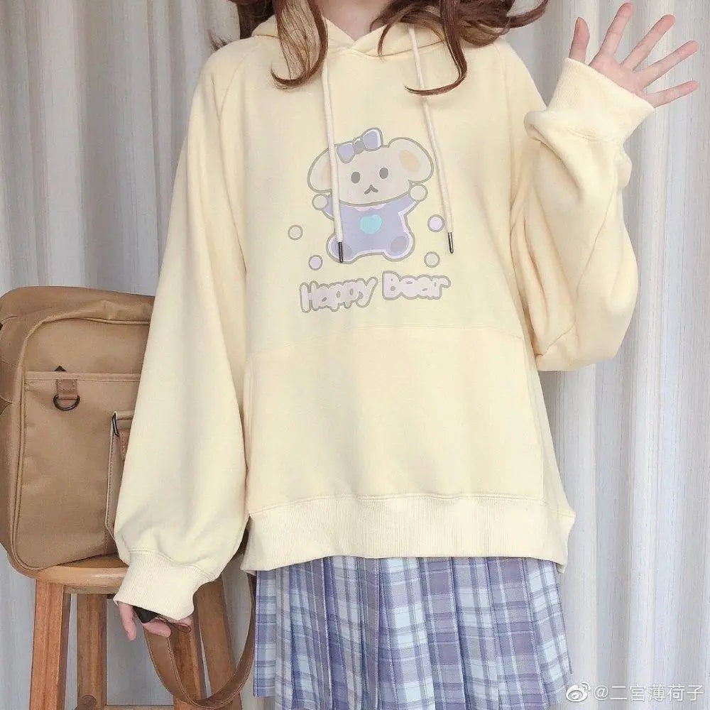 Pastel Yellow Bear Hoodie with Cozy Pouch and Cute Details - sweater