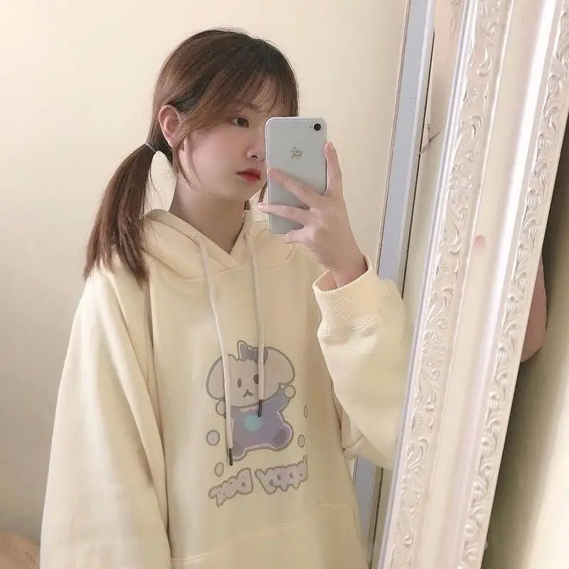 Pastel Yellow Bear Hoodie with Cozy Pouch and Cute Details - sweater