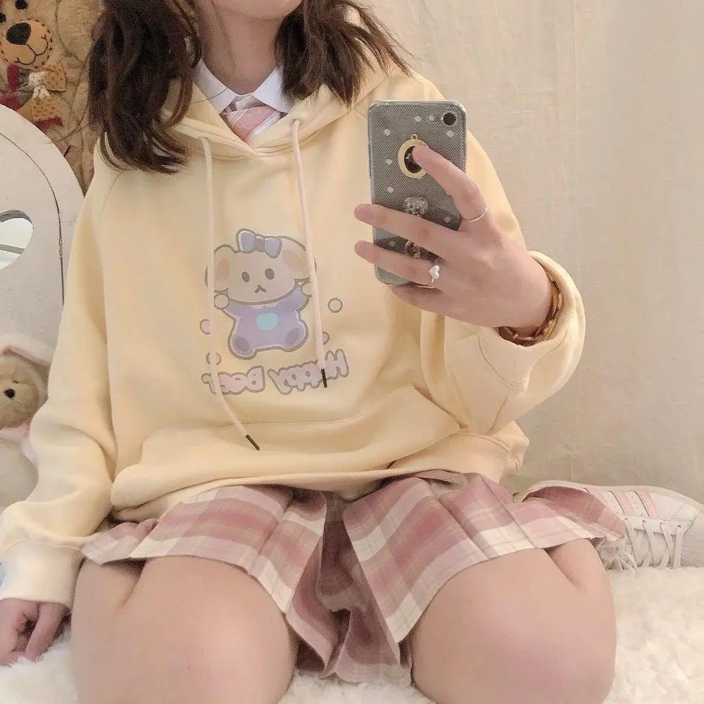 Pastel Yellow Bear Hoodie with Cozy Pouch and Cute Details - Cosparty