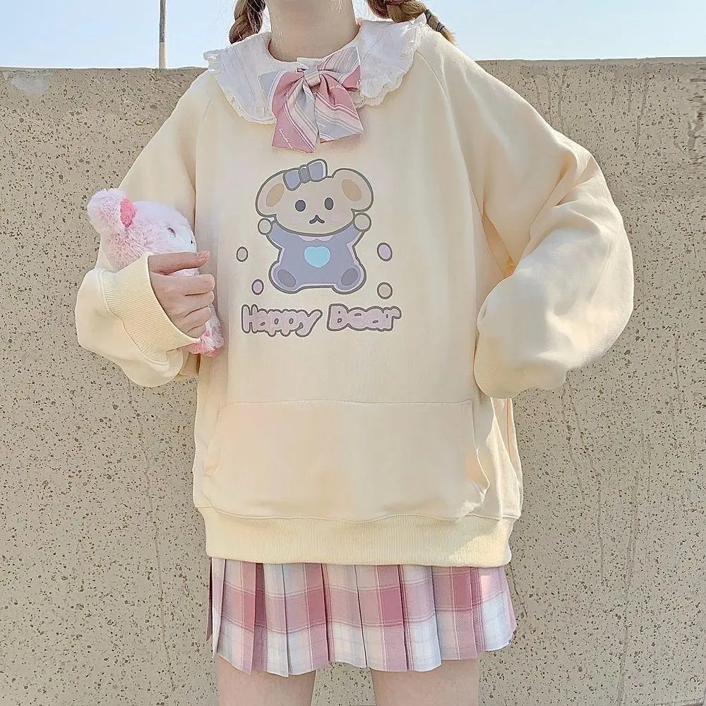 Pastel Yellow Bear Hoodie with Cozy Pouch and Cute Details - sweater