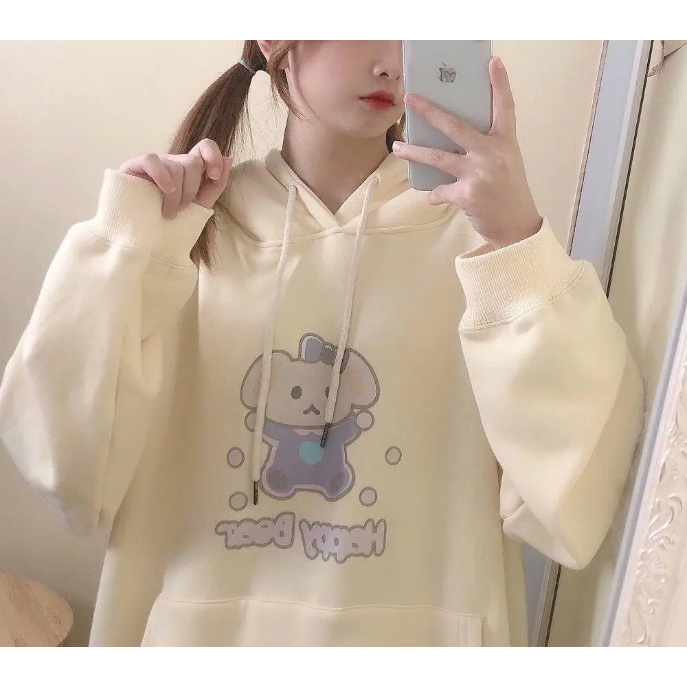 Pastel Yellow Bear Hoodie with Cozy Pouch and Cute Details - sweater