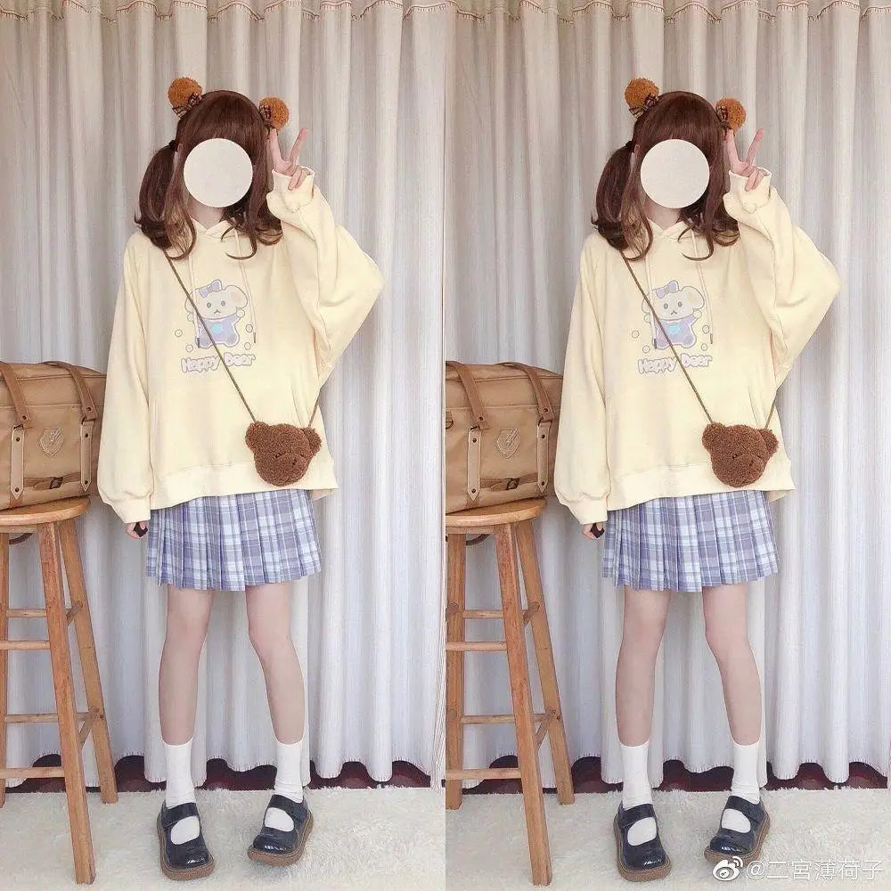 Pastel Yellow Bear Hoodie with Cozy Pouch and Cute Details - sweater