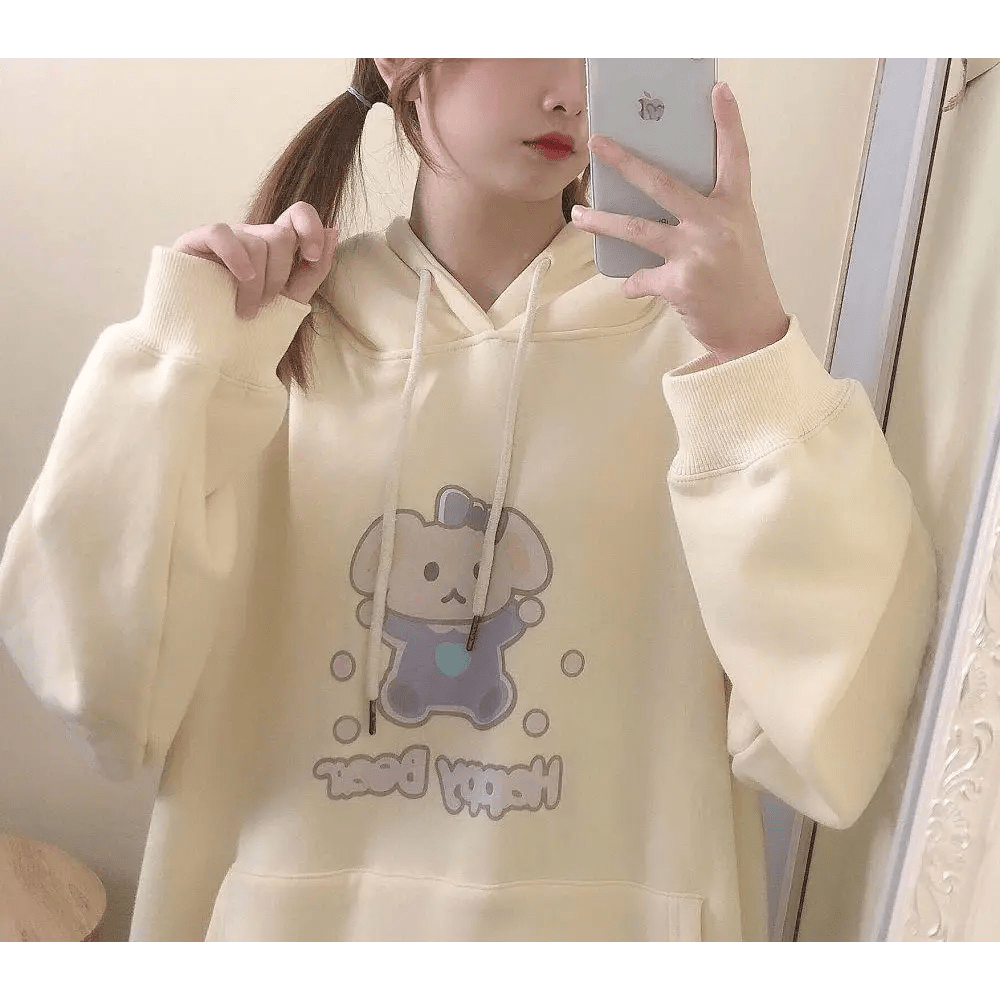 Pastel Yellow Bear Hoodie with Cozy Pouch and Cute Details - Cosparty