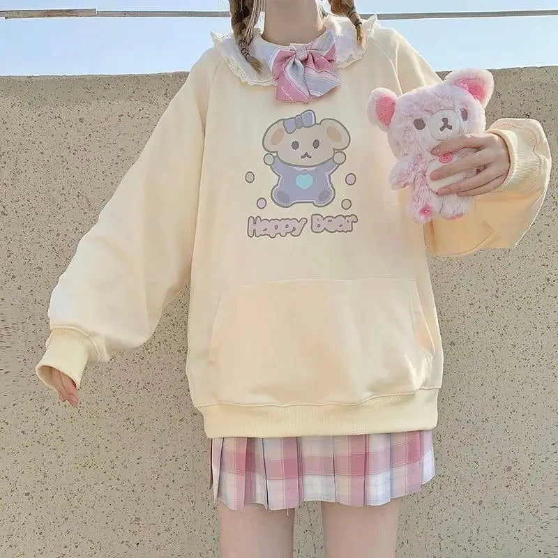 Pastel Yellow Bear Hoodie with Cozy Pouch and Cute Details - sweater