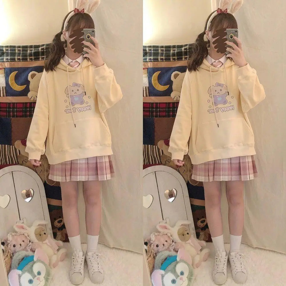 Pastel Yellow Bear Hoodie with Cozy Pouch and Cute Details - sweater