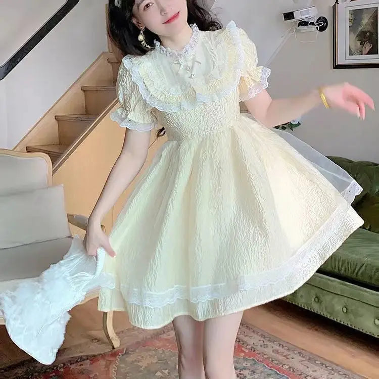 Pastel Yellow Floral Lace Angelic Dress with Poofy Sleeves - Dresses