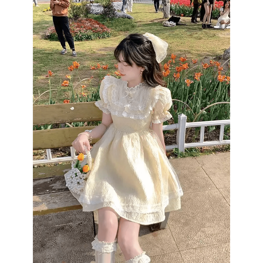 Pastel Yellow Floral Lace Angelic Dress with Poofy Sleeves - Cosparty