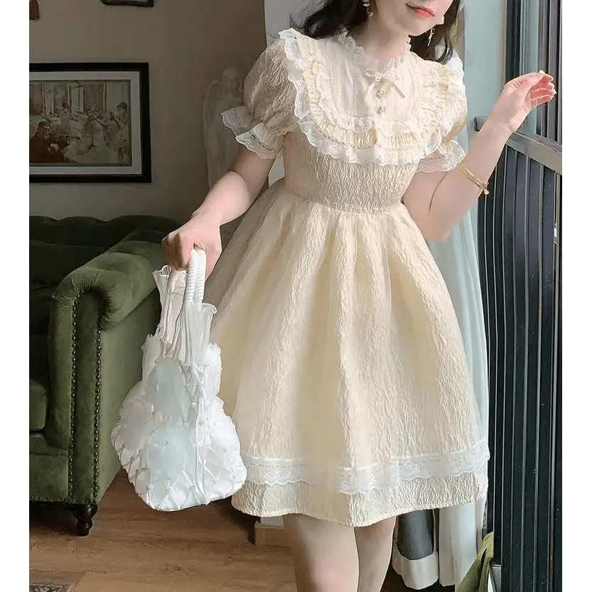 Pastel Yellow Floral Lace Angelic Dress with Poofy Sleeves - Cosparty