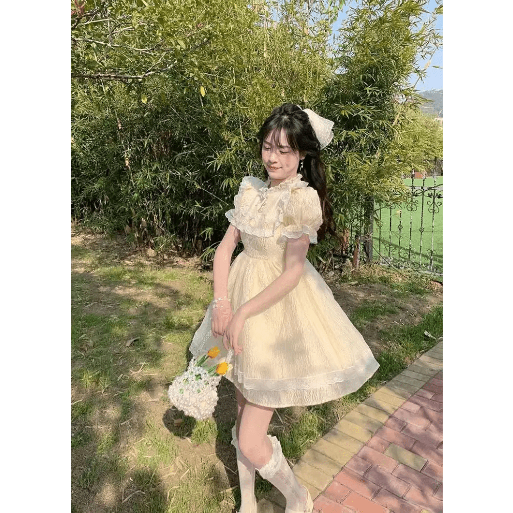 Pastel Yellow Floral Lace Angelic Dress with Poofy Sleeves - Cosparty