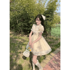 Pastel Yellow Floral Lace Angelic Dress with Poofy Sleeves - Cosparty