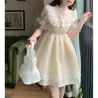 Pastel Yellow Floral Lace Angelic Dress with Poofy Sleeves - Dresses