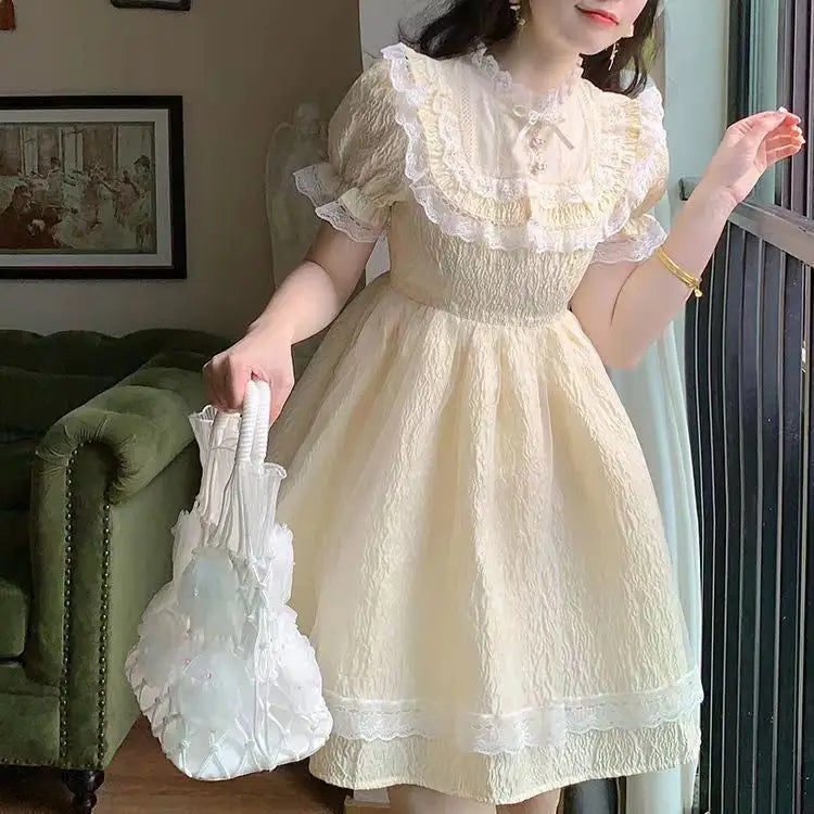 Pastel Yellow Floral Lace Angelic Dress with Poofy Sleeves - Dresses