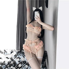 Peach Fishnet Maiden Lingerie Set with Matching Kitten Paw Mittens - lingerie