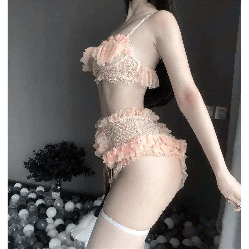 Peach Fishnet Maiden Lingerie Set with Matching Kitten Paw Mittens - Cosparty