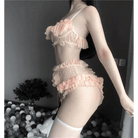 Peach Fishnet Maiden Lingerie Set with Matching Kitten Paw Mittens - Cosparty