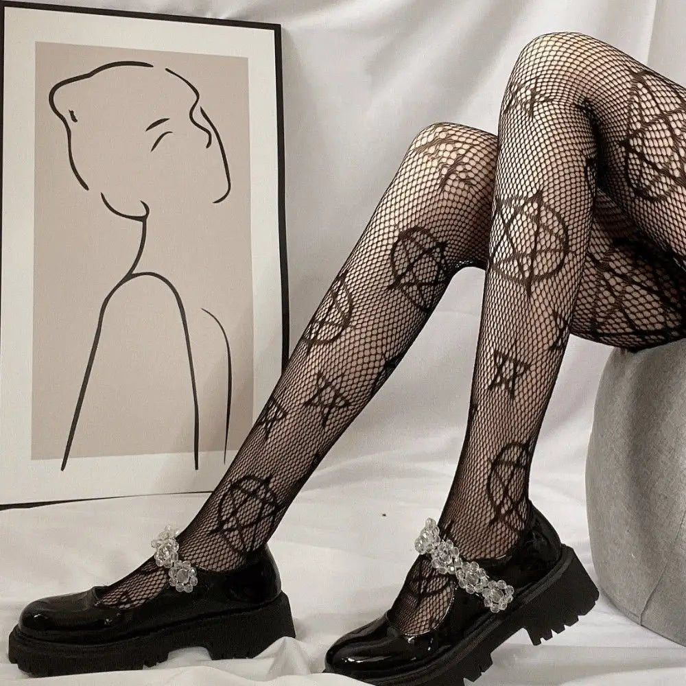 Pentagram Printed Fishnet Tights for Gothic Cospartys - Cosparty