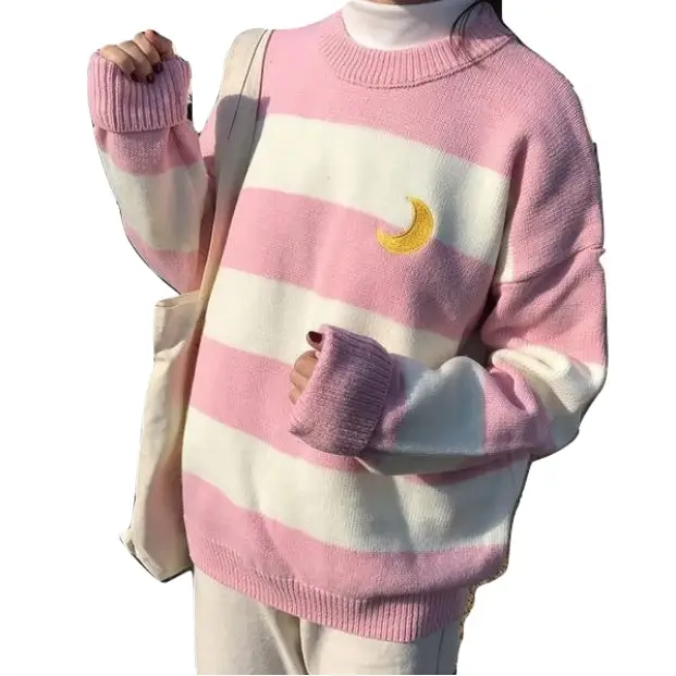 Perfect Cozy Magical Girl Knit Sweater with White Stripes - sweater