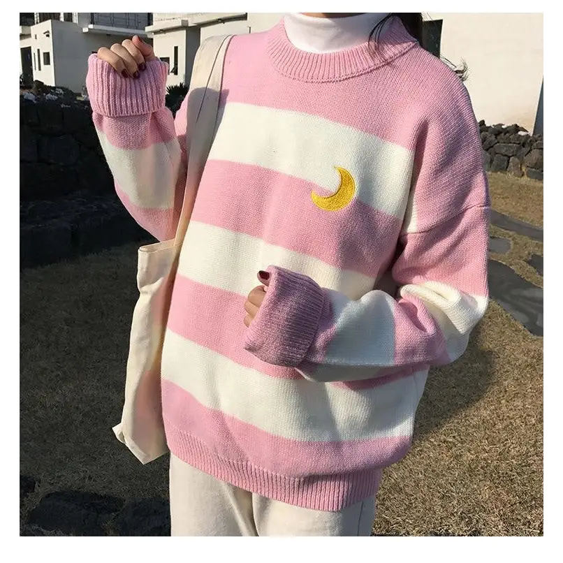 Perfect Cozy Magical Girl Knit Sweater with White Stripes - sweater