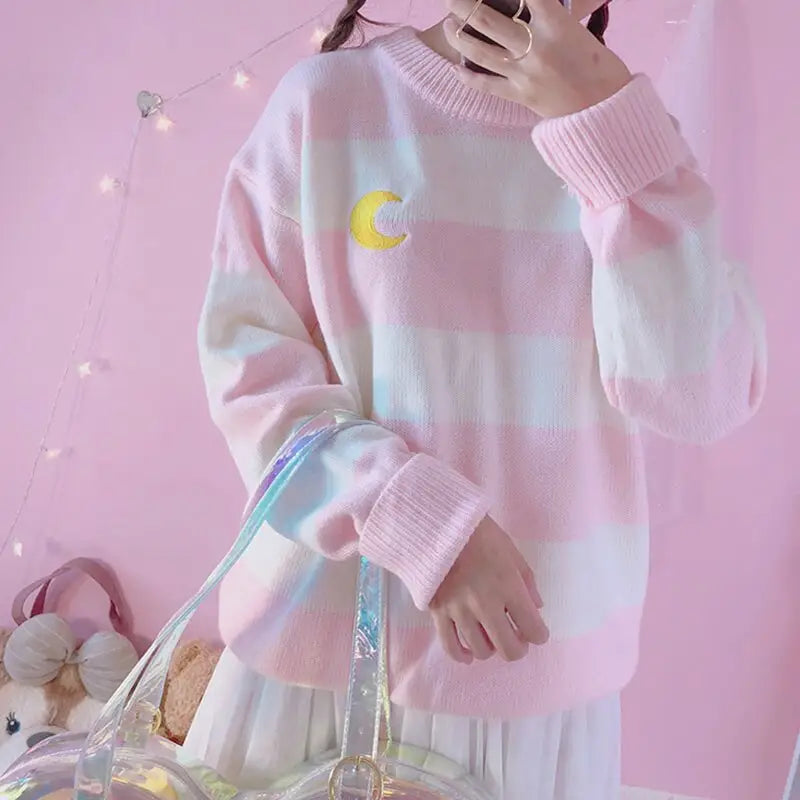 Perfect Cozy Magical Girl Knit Sweater with White Stripes - Pink - sweater