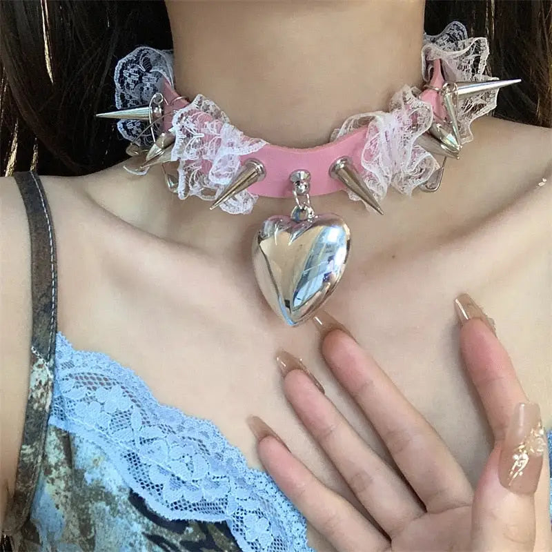 Pierce My Heart Collar Necklace in Playful Pink or Wicked Black - Pink - necklace