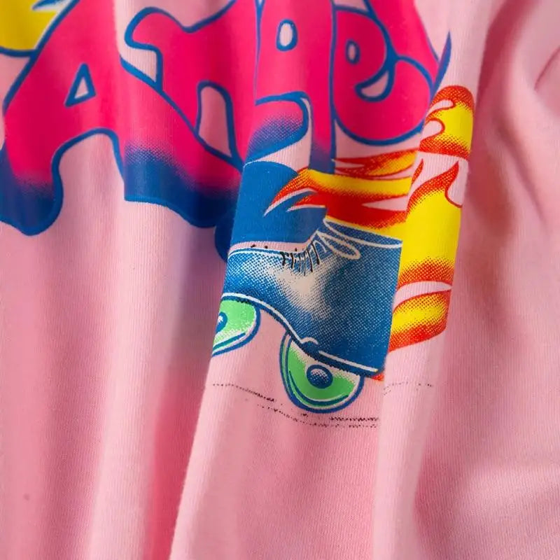 Pink 90s Retro Angel Crop Top with Rollerblades Print - shirt