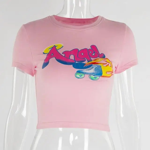 Pink 90s Retro Angel Crop Top with Rollerblades Print - shirt